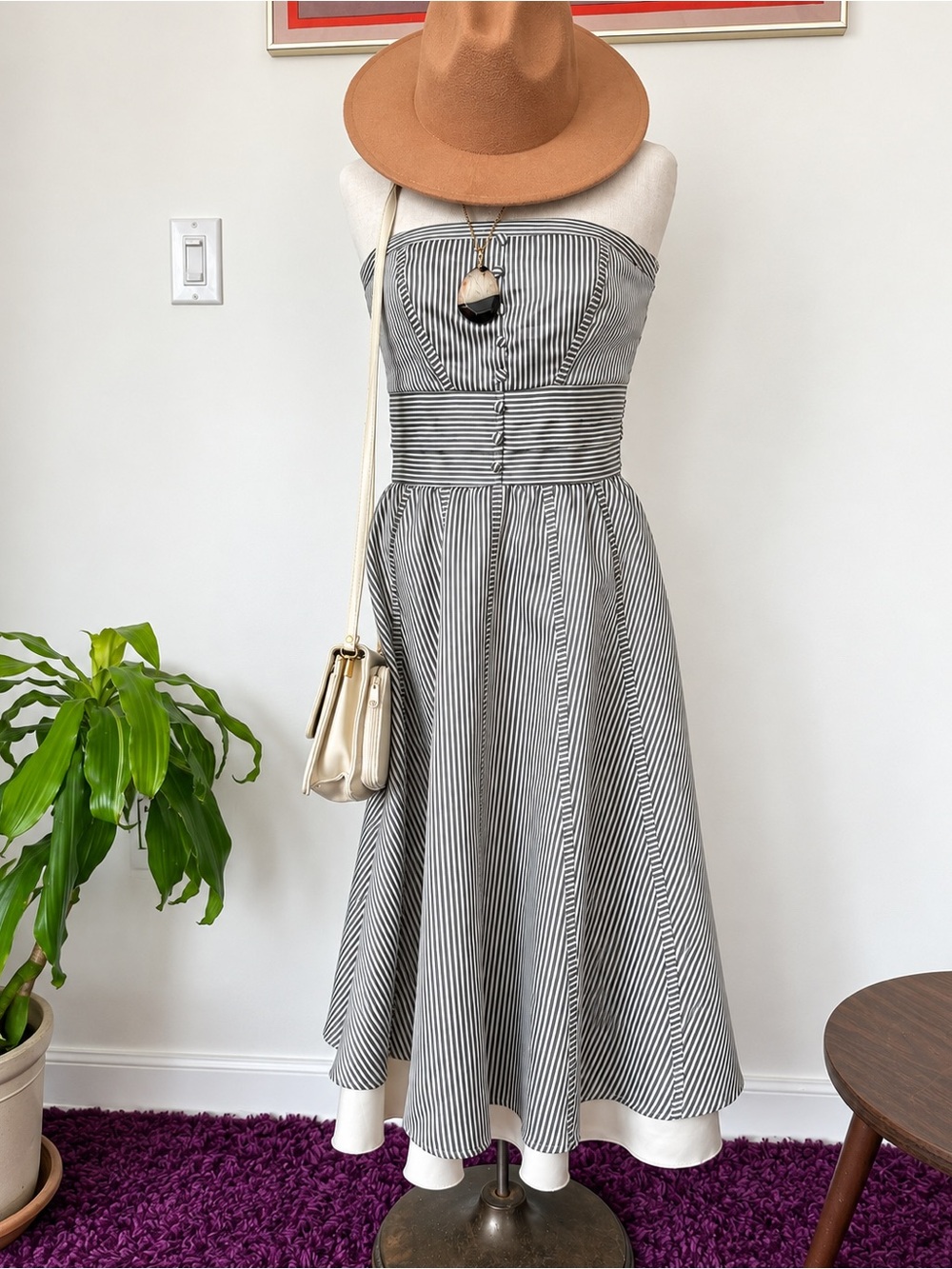 Retro Coquette Pinstripe Strapless Midi Dress Size S